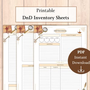 Könnte beinhalten: Druckbare Dungeons and Dragons Inventarblätter mit Vintage-Ästhetik. Die Blätter sind in Braun- und Goldtönen gehalten und mit Illustrationen von Schlüsseln, Lupen und einer Laterne verziert. Der Text "DnD Inventory" ist oben auf dem Blatt gedruckt.