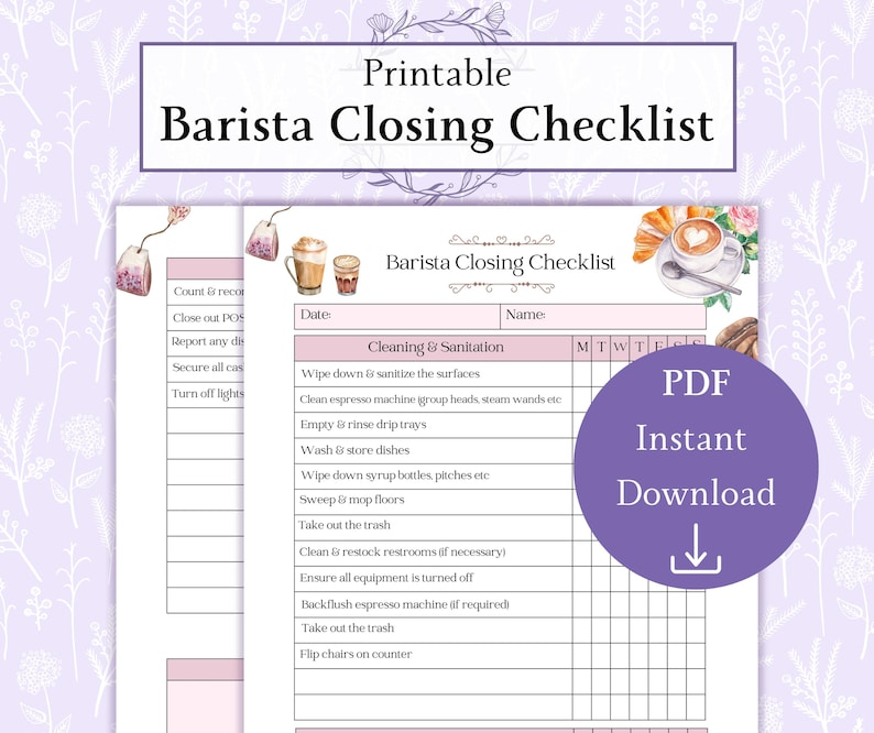 Pode incluir: Lista de verifica&ccedil;&atilde;o de encerramento de barista imprim&iacute;vel com um design rosa e branco. A lista de verifica&ccedil;&atilde;o inclui tarefas como limpar e desinfetar as superf&iacute;cies, esvaziar as bandejas de gotejamento e retirar o lixo. A lista de verifica&ccedil;&atilde;o est&aacute; dividida em se&ccedil;&otilde;es para cada dia da semana.