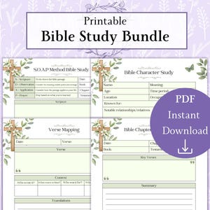 Puede incluir: Paquete de estudio bíblico imprimible con cuatro plantillas diferentes: Estudio bíblico SOAP, Mapeo de versículos, Estudio de personajes bíblicos y Estudio de capítulos bíblicos. Cada plantilla tiene un fondo verde con una cruz blanca y detalles florales. El texto "PDF Descarga instantánea" está en un círculo morado con una flecha hacia abajo.