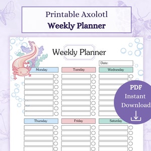 Axolotl-weekplanner afdrukbare pdf | Taaktracker | Wekelijks Axolotl-dagboek | Herinneringsblad | Productiviteitsplanner