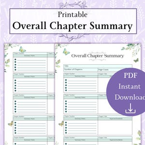 Könnte beinhalten: Druckbarer Kapitelzusammenfassungs-Planer mit einem grün-weißen floralen Design und Schmetterlingen. Der Planer enthält Abschnitte für die Kapitelnummer, die Zusammenfassungspunkte, den Kapiteltitel und wichtige Vorkommnisse.