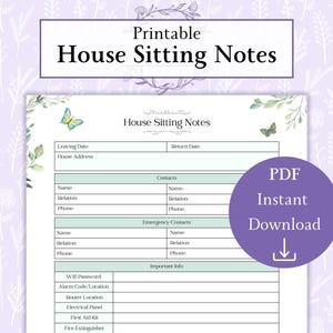 House Sitting Notes Printable PDF | House Sitting Info | House Information | House Sitter Plan | Vacation House List