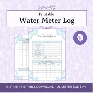 Könnte beinhalten: Ein druckbares Wasserzähler-Protokoll mit hellblauem und weißem Design. Das Formular enthält Abschnitte für Haushaltsdaten, Objektinformationen und einen Zählerstand-Tracker mit Spalten für Datum, Zählerstand, Verbrauch, Schätzung und Notizen.