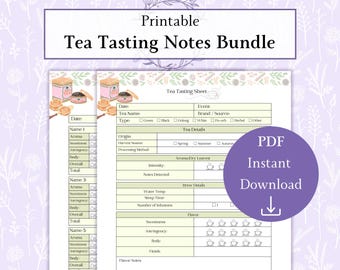 May include: A printable tea tasting notes bundle. The image features a tea tasting sheet with sections for tea details, aroma, flavour, and overall rating. A purple circle with "PDF Instant Download" text is on the right.