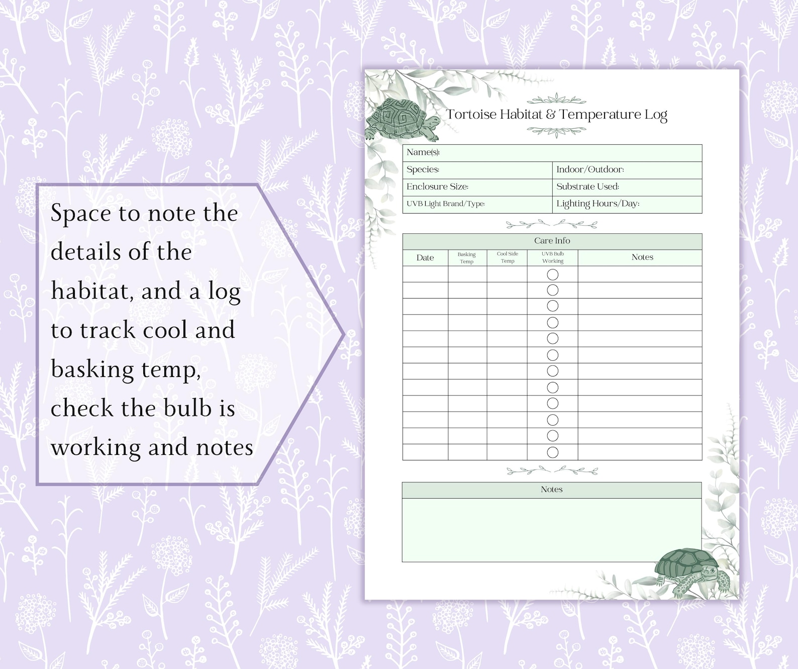 Tortoise Habitat & Temperature Log Printable PDF | Reptile Temp Tracker ...