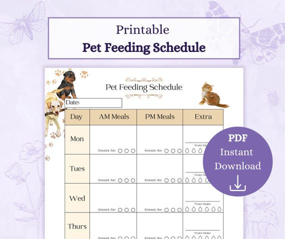 Pet Feeding Schedule Printable PDF | Weekly Pet Feeding Log | Puppy Nutrition Log | Pet Food Tracker | Dog Feeding Journal