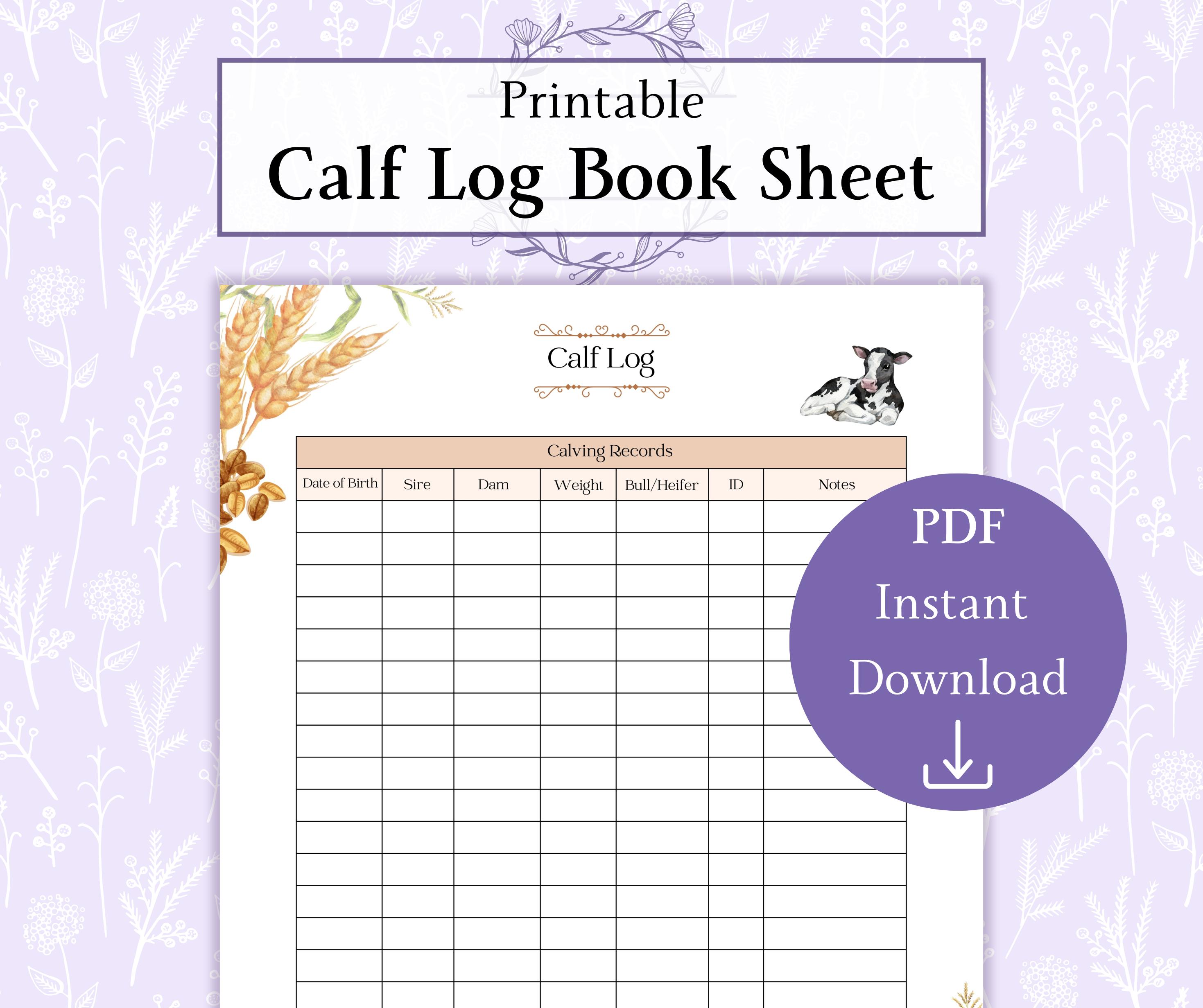 Calf Log Book Sheet Printable PDF | Calving Book Sheet | Cow Breeding Record | Calving Log | Livestock Records