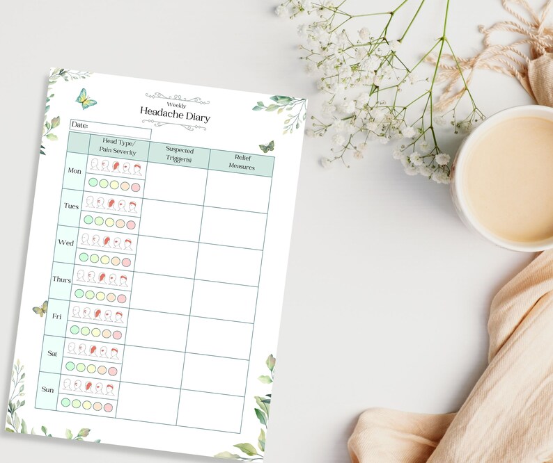 May include: A printable headache diary with a green and white floral design. The diary includes sections for date, head type, pain severity, suspected triggers, and relief measures. The diary is designed to help track headaches and identify potential triggers.