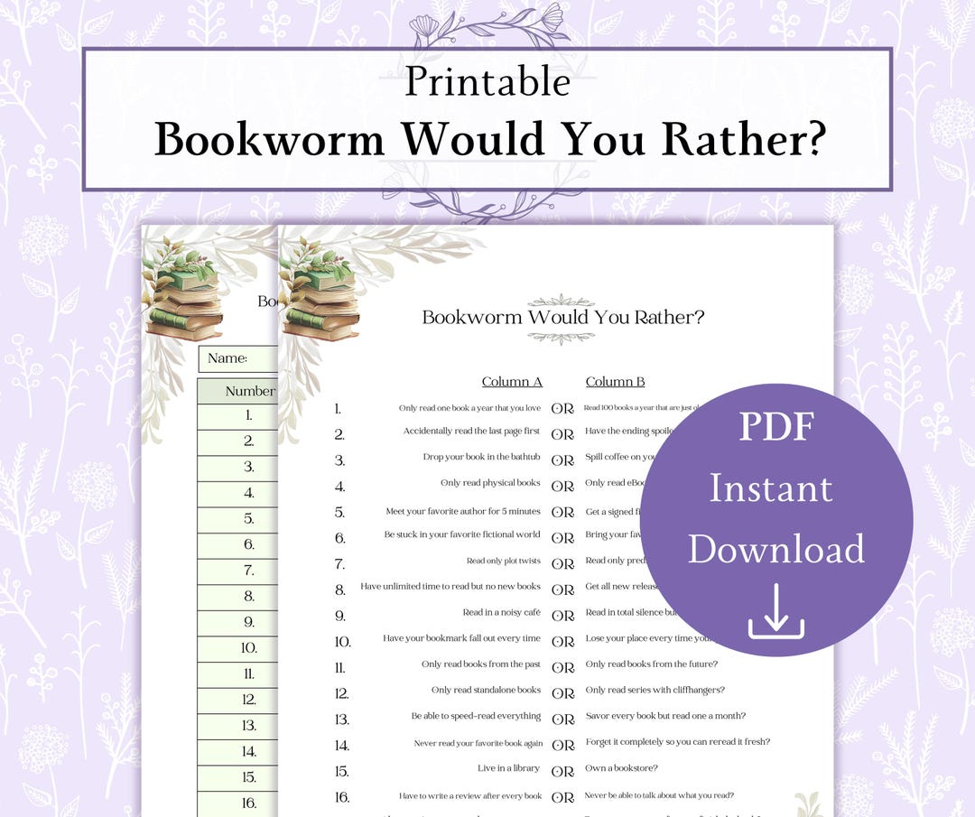 Bookworm Would You Rather Printable PDF, Bookworm Gift, Book Lover Game ...