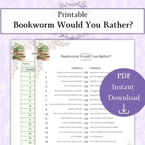 May include: Printable "Bookworm Would You Rather?" game sheet. The design features a floral border and illustrations of stacked books. The game includes columns with questions and a purple circle with "PDF Instant Download" text.