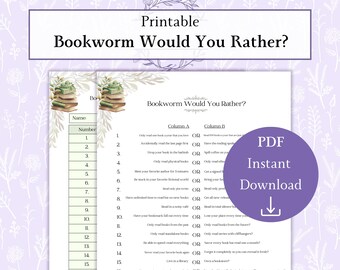 Bookworm Would You Rather Printable PDF, Bookworm Gift, Book Lover Game, Reading Party Game, Book Club Printable