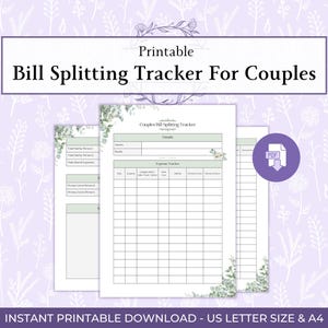 Può includere: Tracker stampabile per la divisione delle bollette per coppie. Il design presenta uno sfondo bianco con un bordo floreale e il testo "Bill Splitting Tracker For Couples". L'icona PDF è visibile. Disponibile in formato A4.