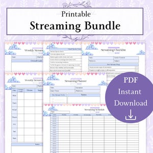 May include: Printable streaming bundle with checklists and planners. The checklists include sections for game content, pre-stream prep, and overall goals. The planners include sections for weekly streams, streaming schedule, and streaming planner.