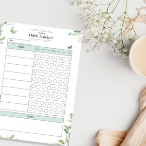 Puede incluir: Un planificador de h&aacute;bitos semanal imprimible con un dise&ntilde;o floral verde y blanco. El planificador tiene una secci&oacute;n para la fecha, una lista de h&aacute;bitos y una secci&oacute;n para notas. Hay siete columnas para cada d&iacute;a de la semana, con c&iacute;rculos para marcar los h&aacute;bitos.