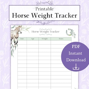 Peut inclure: Un suivi de poids de cheval imprimable avec une illustration aquarelle d'un cheval blanc et de feuilles vertes. Le suivi comporte des colonnes pour la date, l'âge, le poids et les notes. Le texte "PDF Téléchargement instantané" est dans un cercle violet avec une flèche de téléchargement.