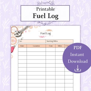 May include: Printable fuel log with a pink and white floral design. The log has columns for car, date, location, cost, miles, and cost. The image also includes a spanner and gears.