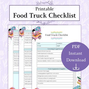Puede incluir: Lista de verificación imprimible para propietarios de camiones de comida. La lista de verificación incluye secciones para licencias, personal, equipo y suministros. El documento está en formato PDF y se puede descargar instantáneamente.