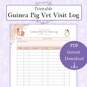 Logboek bezoek dierenarts cavia afdrukbare pdf | Verzorgingstabel voor cavia's | Dagboek dierenartsbezoek | Medische tracker voor cavia's