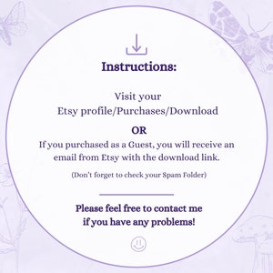 Puede incluir: Gr&aacute;fico ilustrado morado y blanco con una flecha de descarga e instrucciones sobre c&oacute;mo descargar una compra digital de Etsy. El texto dice: "Instrucciones: Visita tu perfil de Etsy/Compras/Descarga O Si compraste como invitado, recibir&aacute;s un correo electr&oacute;nico de Etsy con el enlace de descarga. (No olvides revisar tu carpeta de Spam) &iexcl;No dudes en contactarme si tienes alg&uacute;n problema!"