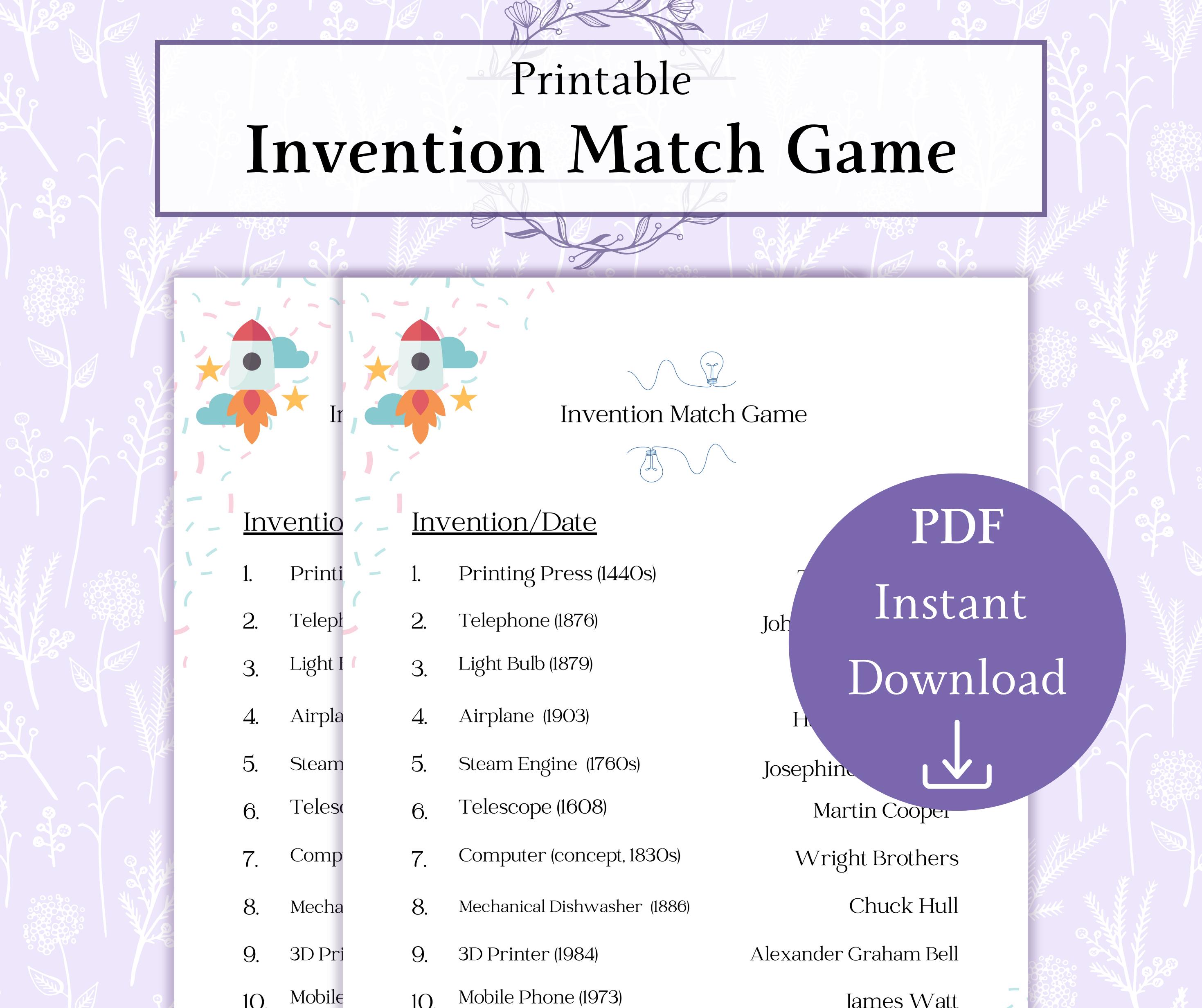 Inventions Matching Invention Match Game Printable PDF, Inventors and Inventions, History ...