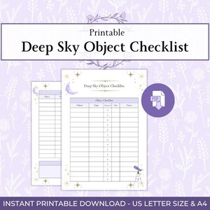 May include: A printable Deep Sky Object Checklist document featuring a table with columns for object, type, observed, date, and notes. The design includes a purple crescent moon, gold stars, and a telescope illustration on a white background.
