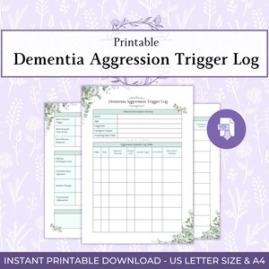 Dementia Aggression Trigger Log Printable PDF, Alzheimer’s Behaviour Tracker Printable, Caregiver Aggression Log, Dementia Symptom Tracker