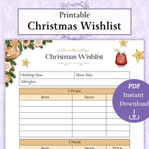 Weihnachtswunschliste Druckbare PDF | Weihnachtswunschliste | Checkliste für Weihnachtsgeschenke | Weihnachts-Einkaufsliste