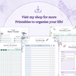 Op de afbeelding: Printbare plannerpagina's met bloemen- en vlinderillustraties. Bevat een watertracker, uitgaventracker, stemmingsmeter, takenlijst en leesdagboek. Tekst: "Bezoek mijn shop voor meer printables om je leven te organiseren!"