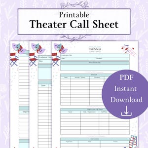 Callsheetbundel afdrukbare pdf | Theateroproepbladen | Stagemanager callsheetsjabloon | Urenregistratie acteurs