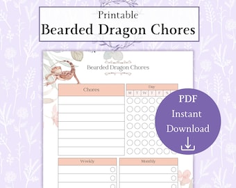 Bearded Dragon Chores Printable PDF | Bearded Dragon Chart | Pet Chore Chart | Reptile Tracker | Reptile Care Journal
