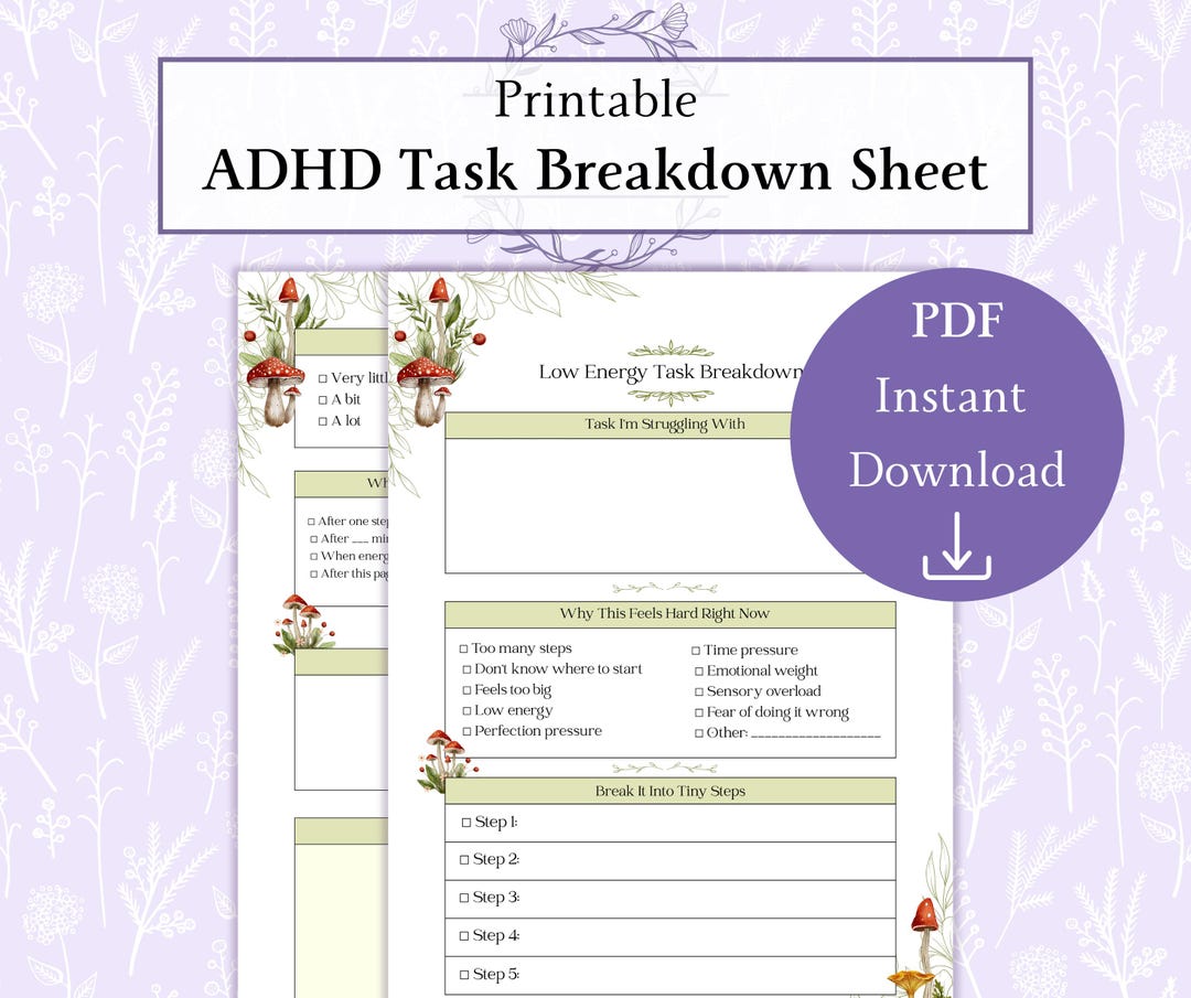 ADHD Task Breakdown Printable PDF, Low Energy Task Planner, Executive ...
