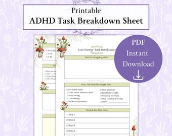 Utskrivbar PDF för ADHD-uppgiftsfördelning, aktivitetsplanerare för låg energi, arbetsblad för exekutiv dysfunktion, återhämtning vid utbrändhet