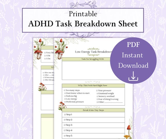 ADHD Task Breakdown Printable PDF, Low Energy Task Planner, Executive Dysfunction Friendly Worksheet, Burnout Recovery