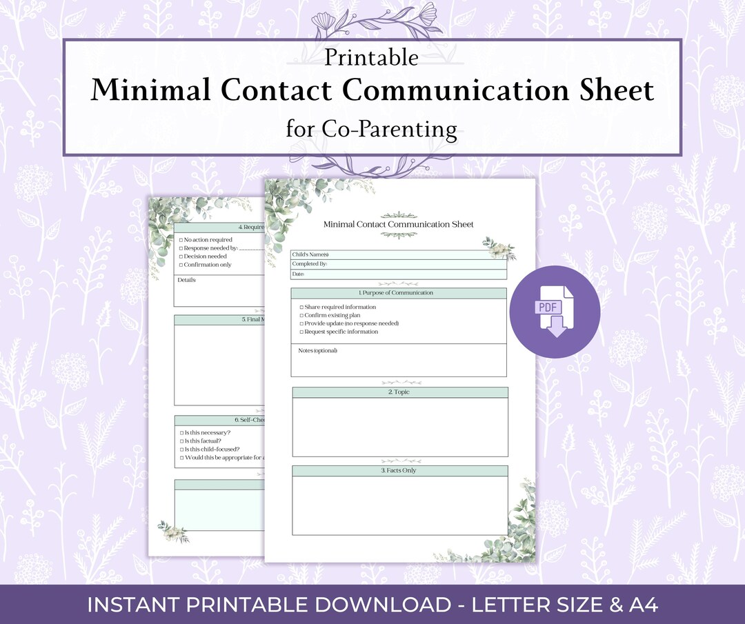 Minimal Contact Co-parenting Communication Sheet Printable PDF ...