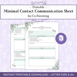 以下が含まれることがあります： 共同養育のための印刷可能な最小限の連絡コミュニケーションシート。デザインは、ミニマリストレイアウト、フローラルのアクセント、PDFアイコンを備えた2つのシートが特徴です。「Minimal Contact Communication Sheet」と「Instant Printable Download - Letter Size & A4」のテキストが含まれています。