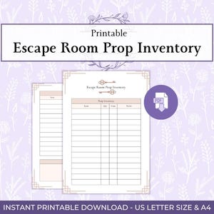 May include: A printable Escape Room Prop Inventory document featuring a table with columns for Item, Qty, Cost, and Room. The document includes a key icon and the text Escape Room Prop Inventory. A purple circular PDF download icon is visible.