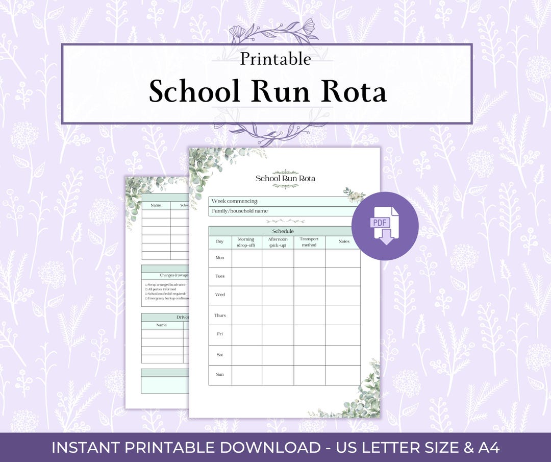 School Run Rota Printable PDF, School Pickup Schedule, School Drop off ...