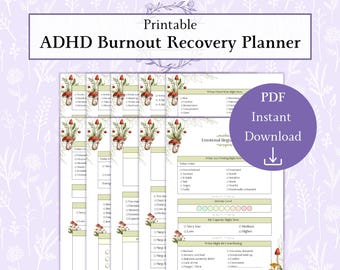 Utskrivbar PDF-planerare för återhämtning efter ADHD, skonsam ADHD-planerare för dagar med låg energi, återställning av överväldigande stress och emotionellt stöd