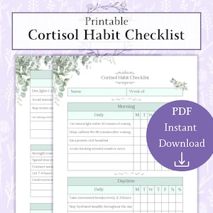 Puede incluir: Una lista de verificación de hábitos de cortisol imprimible con un diseño floral. La lista de verificación incluye secciones para los hábitos de la mañana y del día, con casillas de verificación para el seguimiento diario. El PDF está disponible para descarga instantánea.