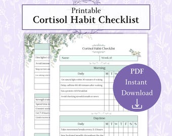 Cortisol Checklist Printable PDF, Cortisol Regulation Tracker, Daily Self Care Checklist, Cortisol Habit Chart,  Daily Wellness Diary