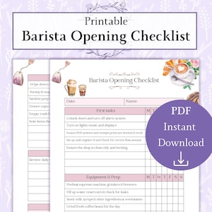 以下が含まれることがあります： コーヒーショップを開く際にバリスタが使用する印刷可能なチェックリスト。チェックリストには、ドアのロック解除、アラームシステムのオフ、照明と音楽のオン、POSシステムの在庫確認、レジのセットアップ、フロート金額の確認など、タスクが含まれています。チェックリストには、エスプレッソマシンの予熱、水タンクの補充、ミルクとシロップの補充、新鮮なコーヒー豆の粉砕など、機器と準備に関するタスクも含まれています。