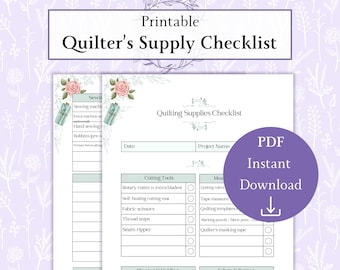 Quilting Zubehör Checkliste Printable PDF, Quilters Bedarfsliste, Nähzubehör, Quilters Planer, Patchwork Bedarfsliste