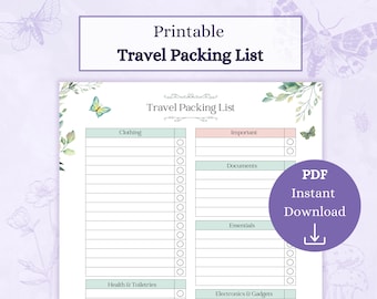 May include: Printable travel packing list with checkboxes for clothing, important documents, essentials, health and toiletries, and electronics and gadgets. The list is decorated with butterflies and floral designs.