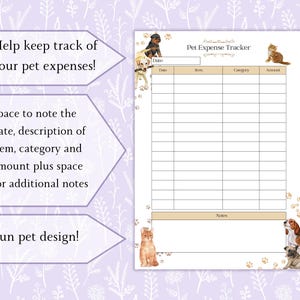 May include: Printable pet expense tracker with a cute design featuring dogs and cats. The tracker has columns for date, item, category, and amount. There is also a space for notes.