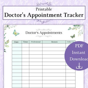 Può includere: Un tracker di appuntamenti medici stampabile con un design floreale e farfalle. Il tracker ha colonne per la data, l'ora, il professionista, il motivo e il follow-up.