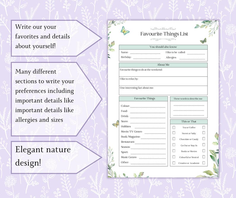 Favorite Things List Printable PDF | General All About Me Sheet | Get ...