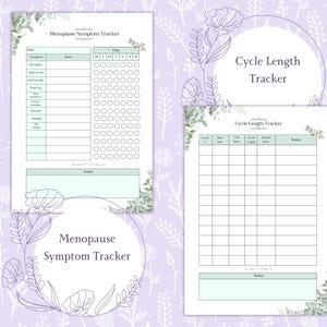 K&ouml;nnte beinhalten: Zwei bedruckbare Seiten mit floralem Design. Eine ist ein Menopause-Symptom-Tracker mit Symptom- und Tagesspalten. Die andere ist ein Zyklusl&auml;ngen-Tracker mit Spalten f&uuml;r Zyklus, Startdatum, Enddatum, Zyklusl&auml;nge, Periodenfluss und Notizen.