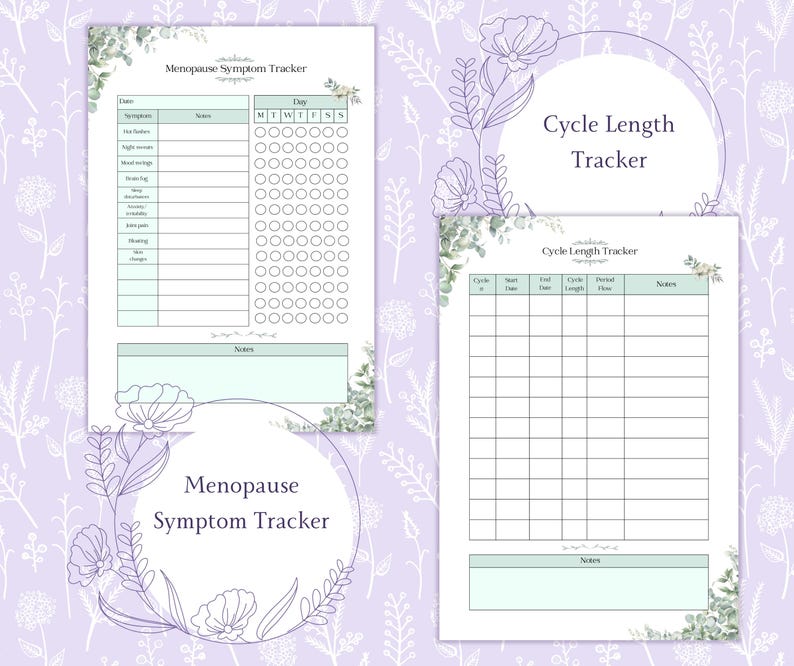 K&ouml;nnte beinhalten: Zwei bedruckbare Seiten mit floralem Design. Eine ist ein Menopause-Symptom-Tracker mit Symptom- und Tagesspalten. Die andere ist ein Zyklusl&auml;ngen-Tracker mit Spalten f&uuml;r Zyklus, Startdatum, Enddatum, Zyklusl&auml;nge, Periodenfluss und Notizen.