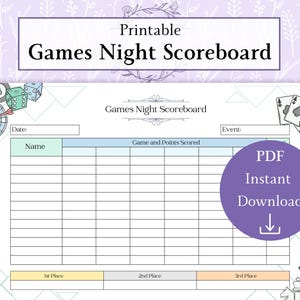 Games Night Scoreboard Printable PDF | Board Games Score Card | Games Party Tally Board