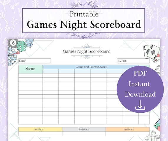 Games Night Scoreboard Printable PDF | Board Games Score Card | Games Party Tally Board
